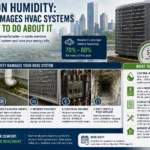 Infographic showing how Houston humidity causes HVAC corrosion, mold, electrical issues, and poor airflow, alongside prevention solutions.