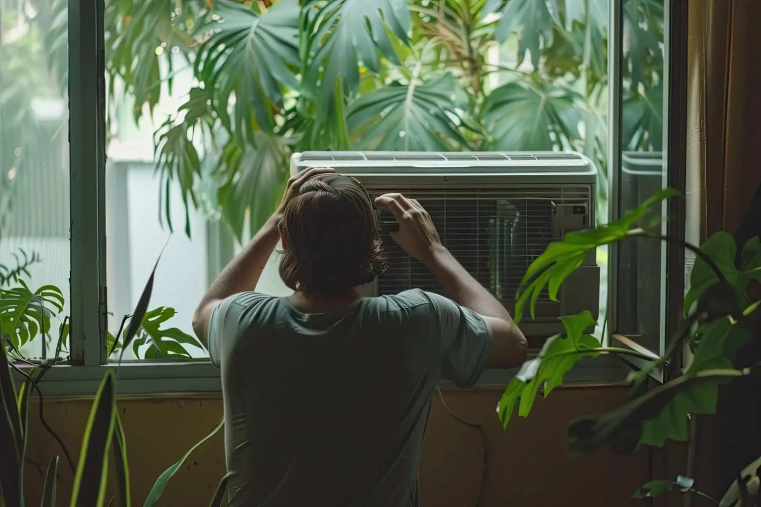 Homeowner inspecting a window air conditioner to decide whether to fix it yourself or call a technician
