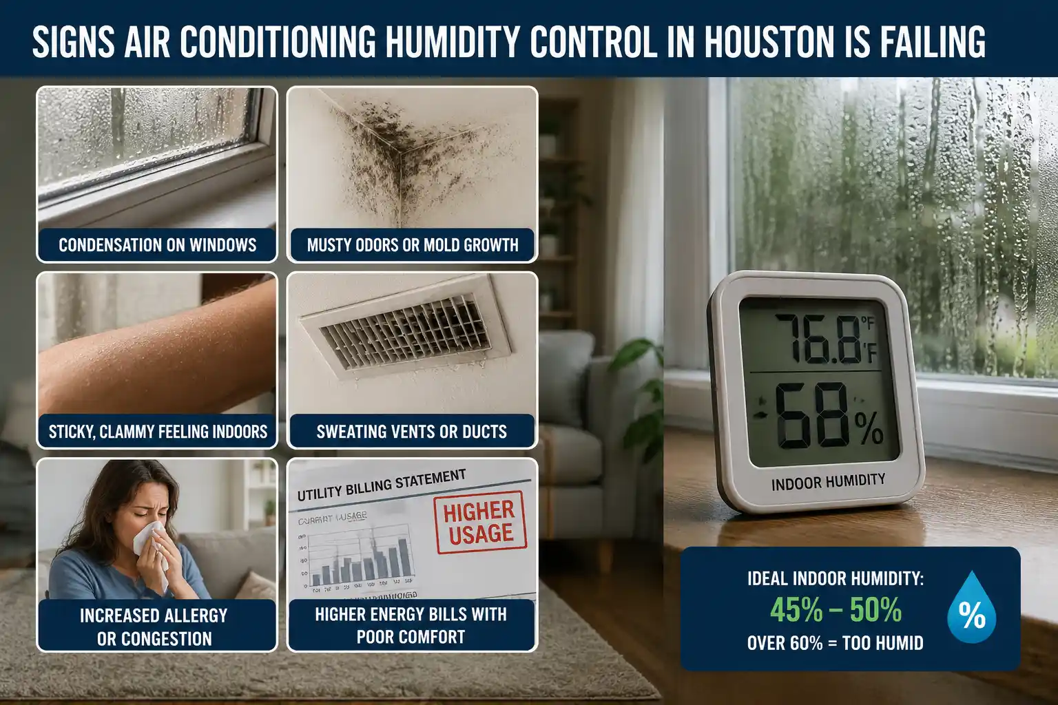 Infographic displaying signs air conditioning humidity control in Houston is failing, including window condensation, mold growth, sticky skin, sweating vents, and high indoor humidity levels.