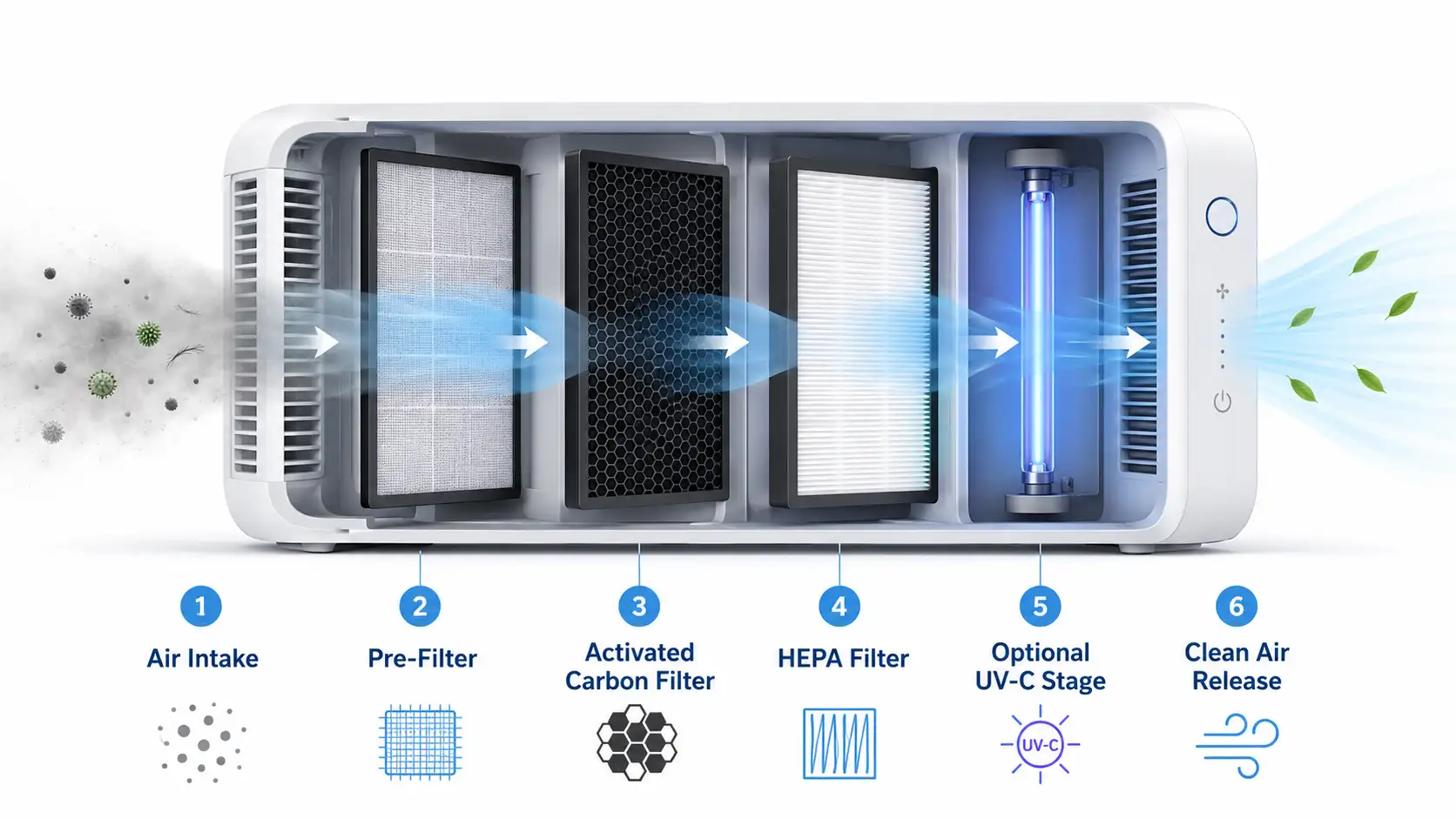 A diagram illustrating the step-by-step air purification process inside a machine, starting from air intake to multi-layer filtering and clean air release.