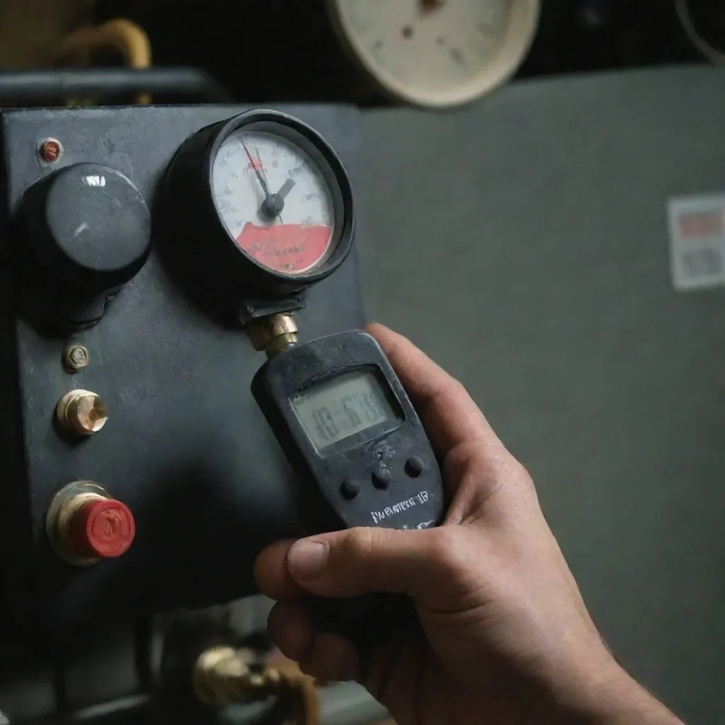 Thermostat calibration technician checking HVAC system pressure and settings for accurate thermostat calibration performance