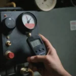 Thermostat calibration technician checking HVAC system pressure and settings for accurate thermostat calibration performance