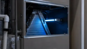 Installed HVAC ultraviolet lamp glowing blue near evaporator coils to evaluate are UV lights necessary for AC units in preventing mold and bacteria growth.