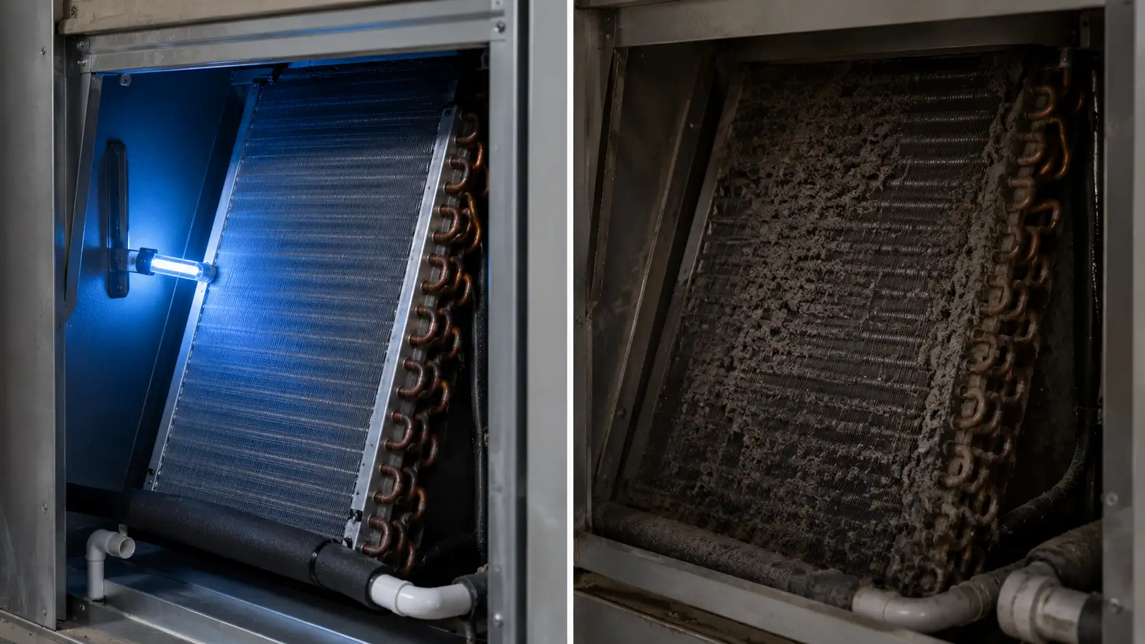 Side-by-side comparison showing clean HVAC coils illuminated by a germicidal lamp demonstrating the benefits of installing UV lights versus dirty, mold-covered coils.