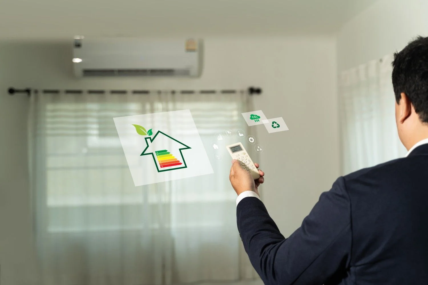 A man using a remote control to adjust an air conditioner with overlaid digital icons representing home eco-efficiency, CO2 levels, and the Common Indoor Pollutants You're Actually Testing For.