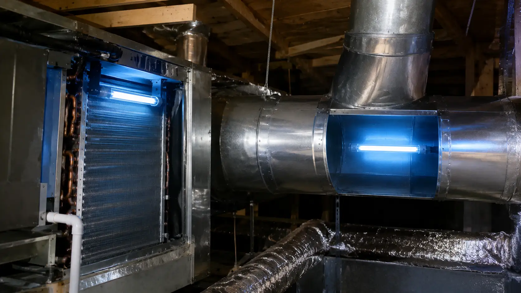Coil-sterilizing light installed over evaporator coils next to an air-sterilizing light mounted inside metal ductwork, illustrating different types of UV lights for HVAC systems.