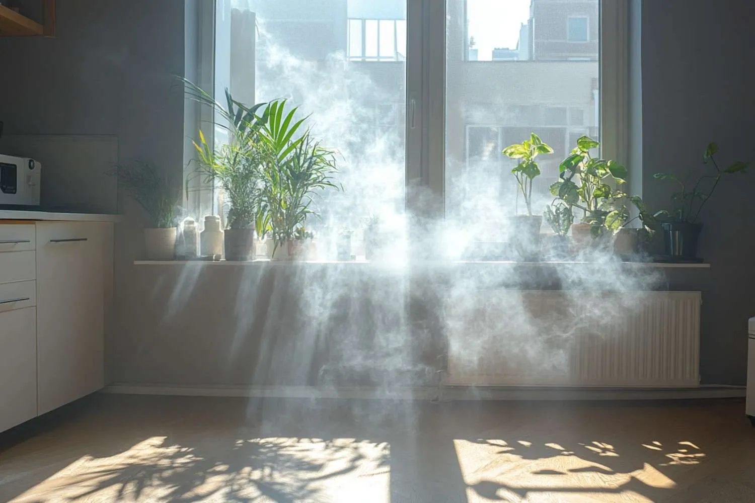 Thick water vapor or mist floating in front of a bright apartment window with potted plants, visually representing high indoor moisture levels to answer the question: Does AC Really Remove Humidity?