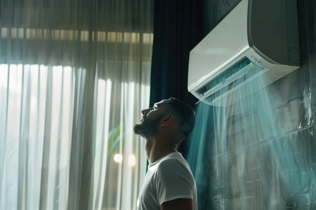 A man standing in front of a sleek wall-mounted split AC unit enjoying the cool breeze, illustrating the concept of how does air conditioning remove humidity and cool indoor air.