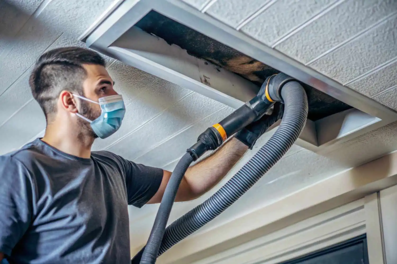 HVAC technician using a vacuum hose to clean ceiling vents to show if does cleaning air ducts make a difference.