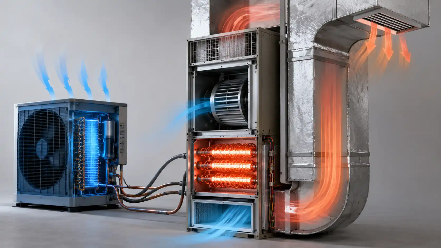 A detailed cross-section diagram showing how EM heat works by bypassing the primary outdoor heat pump unit to engage indoor electric heating coils directly.