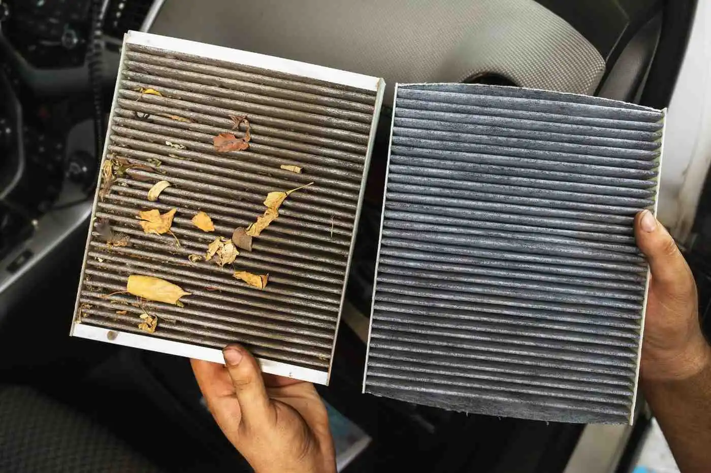 A side-by-side comparison of a dirty, debris-clogged air filter next to a clean new filter, demonstrating how the MERV scale actually works to trap particles of varying sizes.