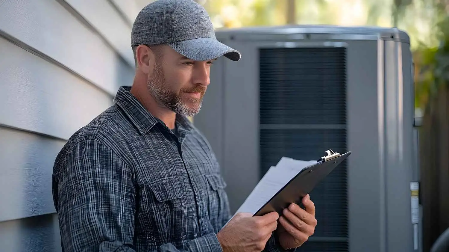 HVAC technician reviewing paperwork in front of an outdoor air conditioner to assist homeowners on how to choose the right SEER rating for your home.