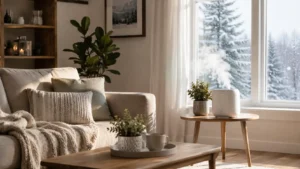 Humidifier emitting mist showing how to improve indoor air quality in winter.