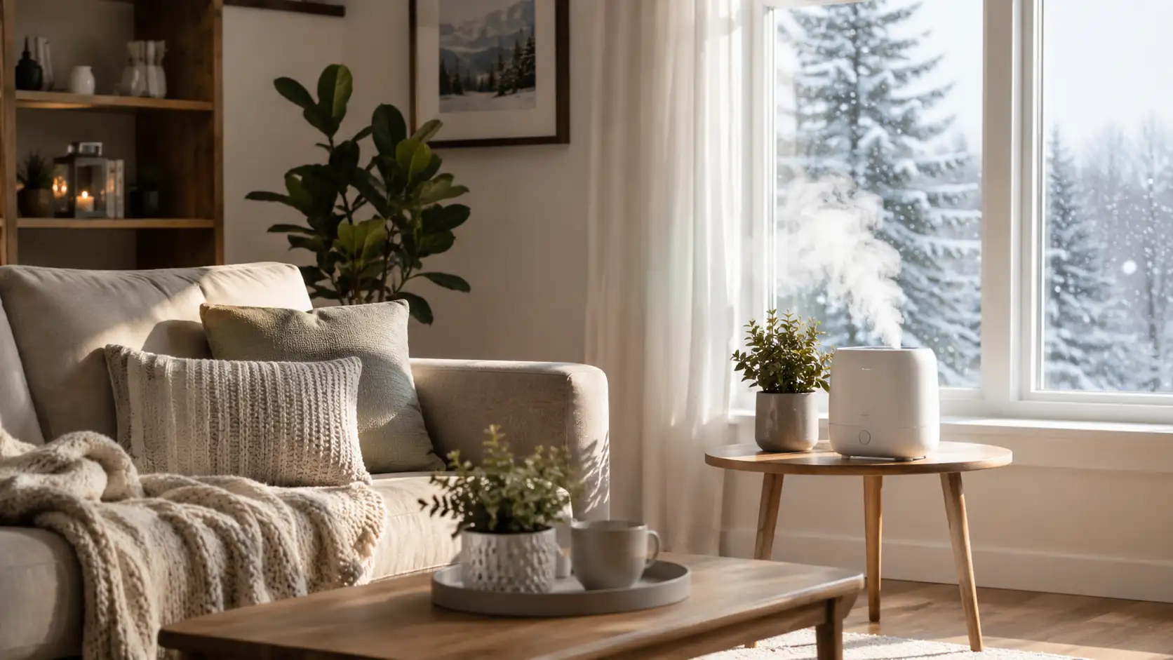 Humidifier emitting mist showing how to improve indoor air quality in winter.