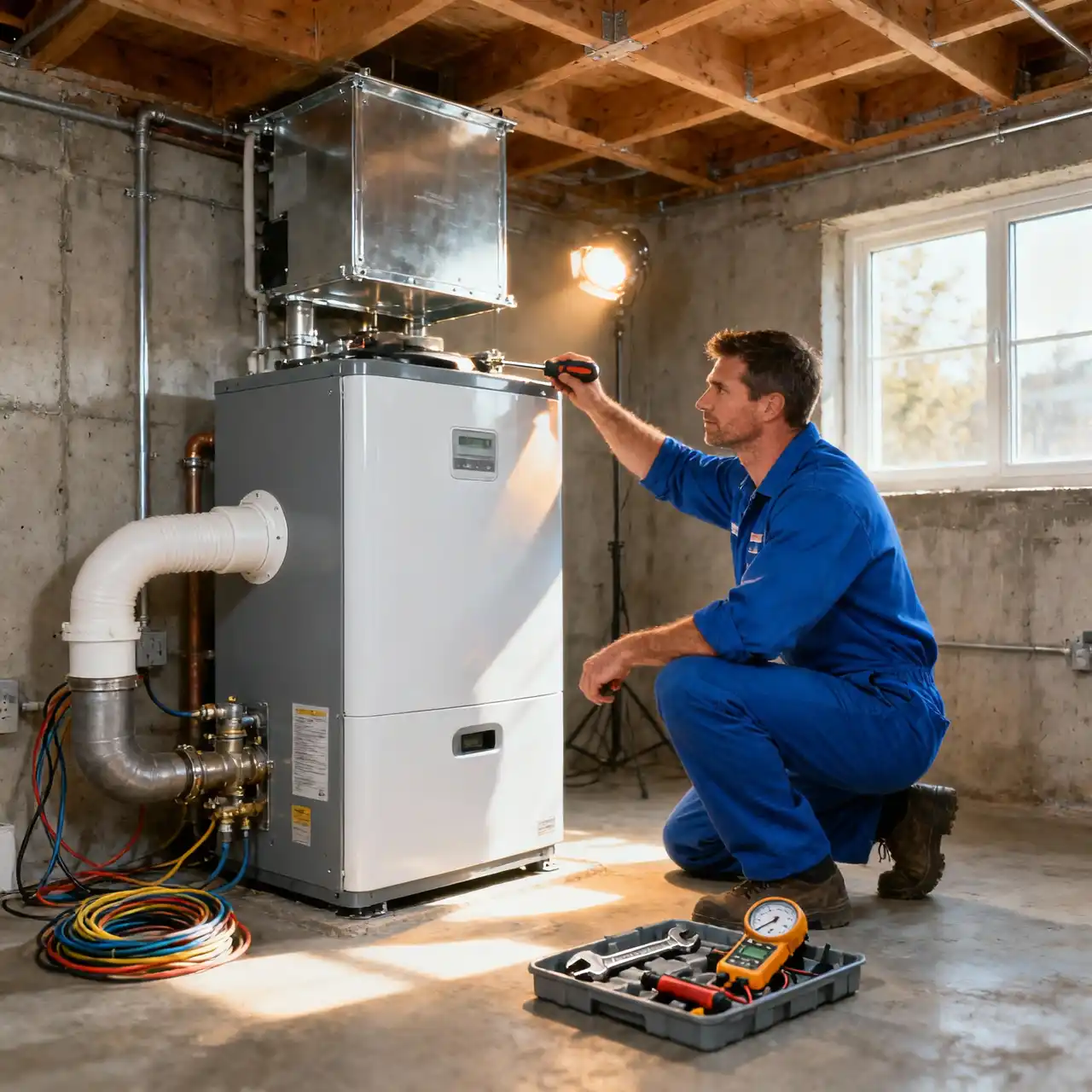 HVAC technician adjusting the top of a high-efficiency furnace during installation, with tools and wiring visible on the basement floor