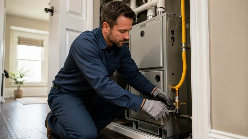 A professional technician in blue uniform wearing gloves and using a wrench to connect a gas line, demonstrating how to install a furnace in a residential utility closet.