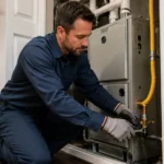 A professional technician in blue uniform wearing gloves and using a wrench to connect a gas line