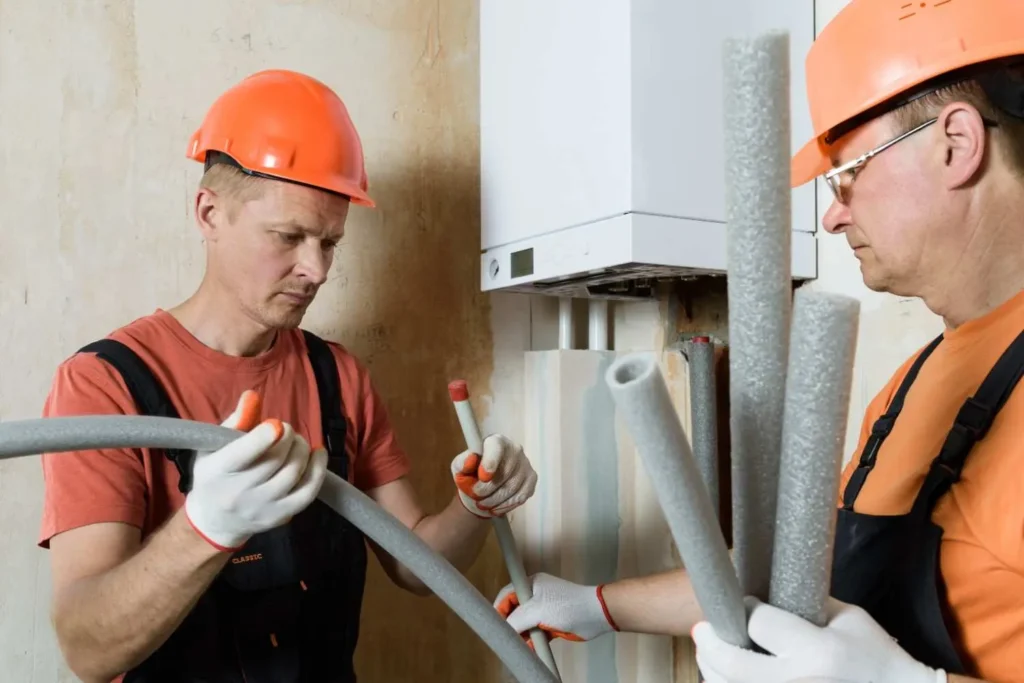 Two professional technicians in hardhats preparing pipe insulation during a guide on how to install a gas furnace.
