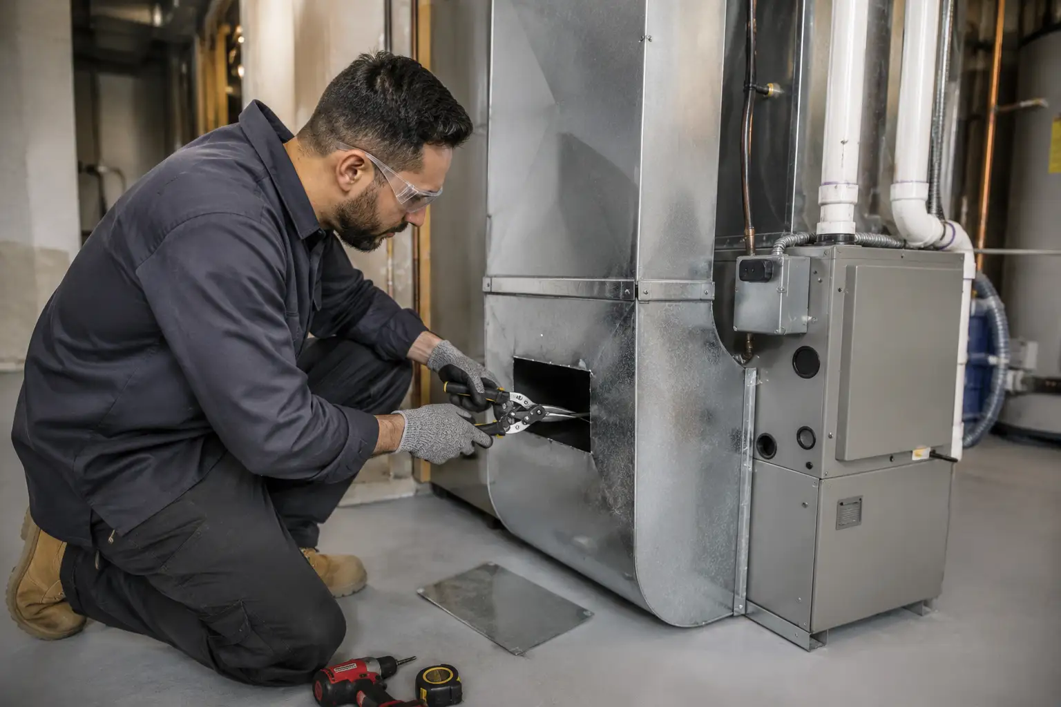 HVAC technician cutting furnace ductwork as part of how to install a whole home humidifier.