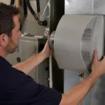 Technician demonstrating how to install humidifier for whole house on an HVAC furnace system.