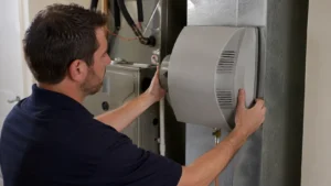 Technician demonstrating how to install humidifier for whole house on an HVAC furnace system.