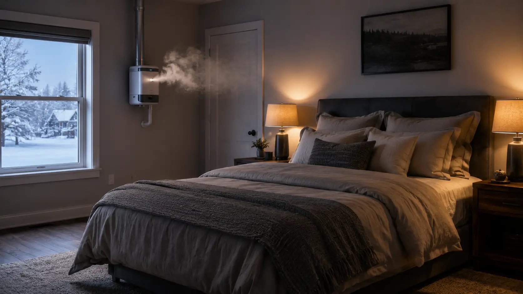 Wall-mounted humidifier releasing steam in a bedroom showing how to reduce dry air in your house during winter.