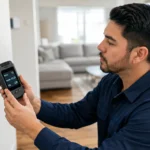 A man holding a digital monitor near a home air vent to check PM2.5, humidity, and CO2 levels, demonstrating how to test indoor air quality effectively.