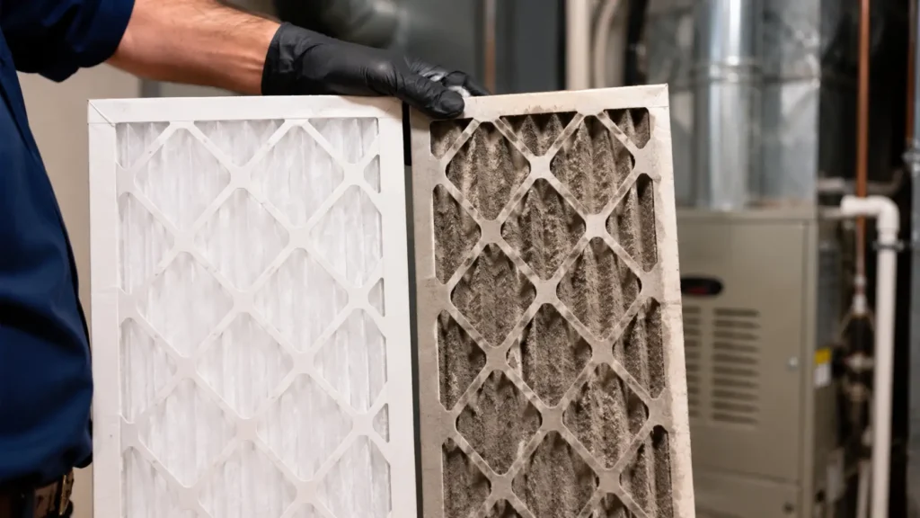 Technician holding dirty and clean air filters showing the HVAC air filter replacement schedule for