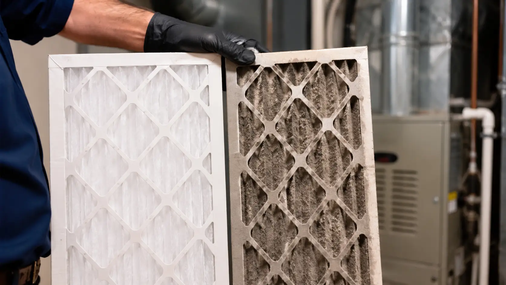 Technician holding dirty and clean air filters showing the HVAC air filter replacement schedule for winter.