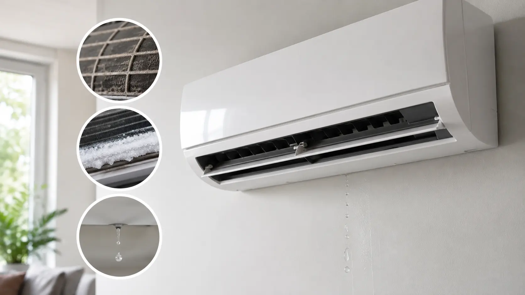 A wall-mounted indoor AC unit dripping water with inset circles showcasing the most common problems with mini splits, including a dusty filter, frozen evaporator coils, and water leaks.