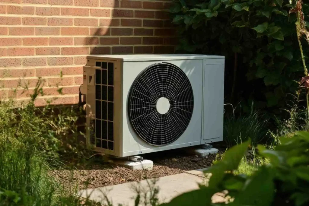 An outdoor residential air-source heat pump unit installed next to a brick wall, which you should inspect if you notice signs heat pump is failing.