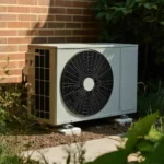 An outdoor residential air-source heat pump unit installed next to a brick wall, which you should inspect if you notice signs heat pump is failing.