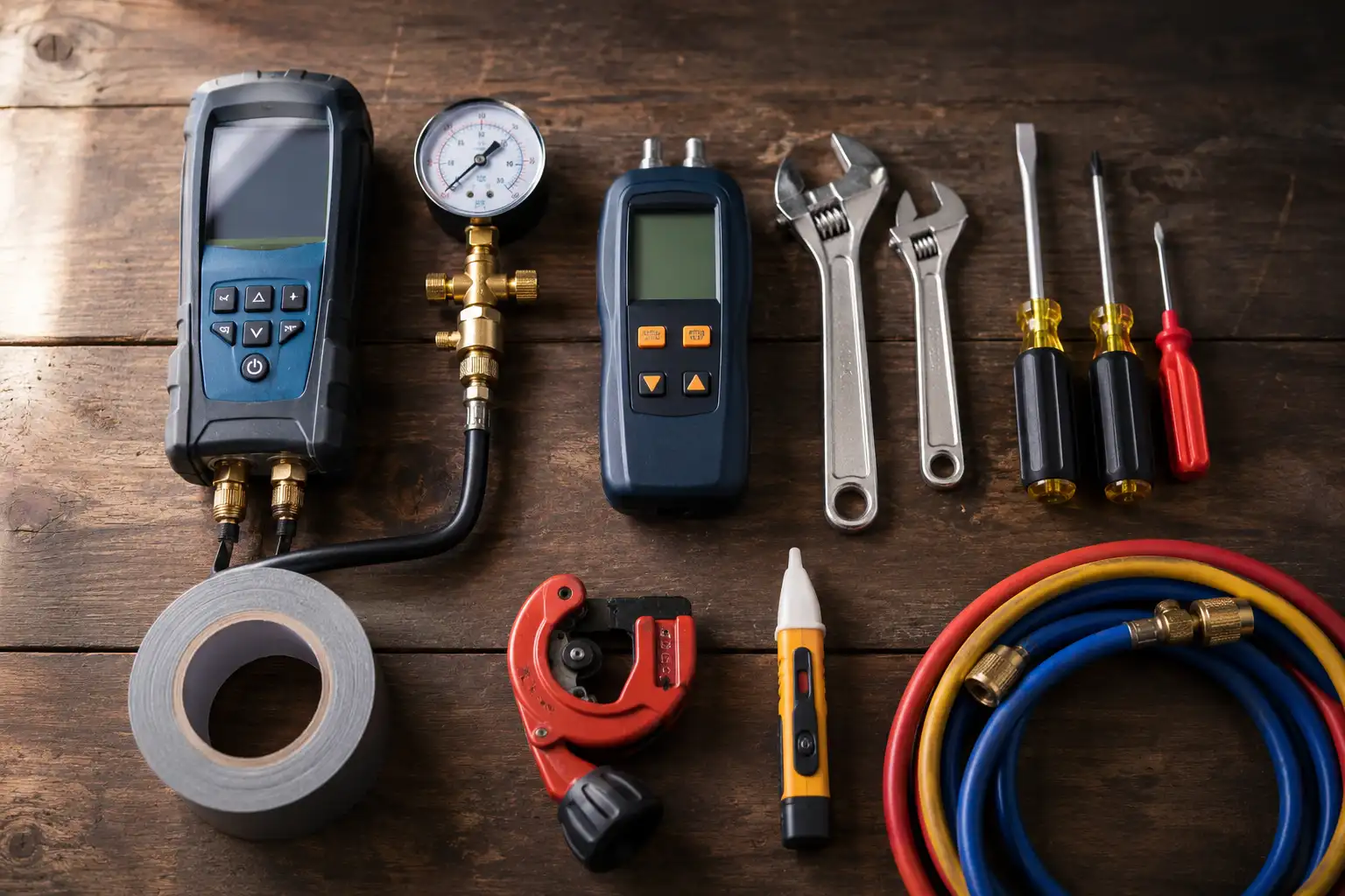 Essential tools & equipment needed for furnace installation laid out on a wooden surface, including a digital manometer, pressure gauge, gas leak detector, adjustable wrenches, screwdrivers, duct tape, a pipe cutter, a voltage tester, and HVAC manifold hoses.