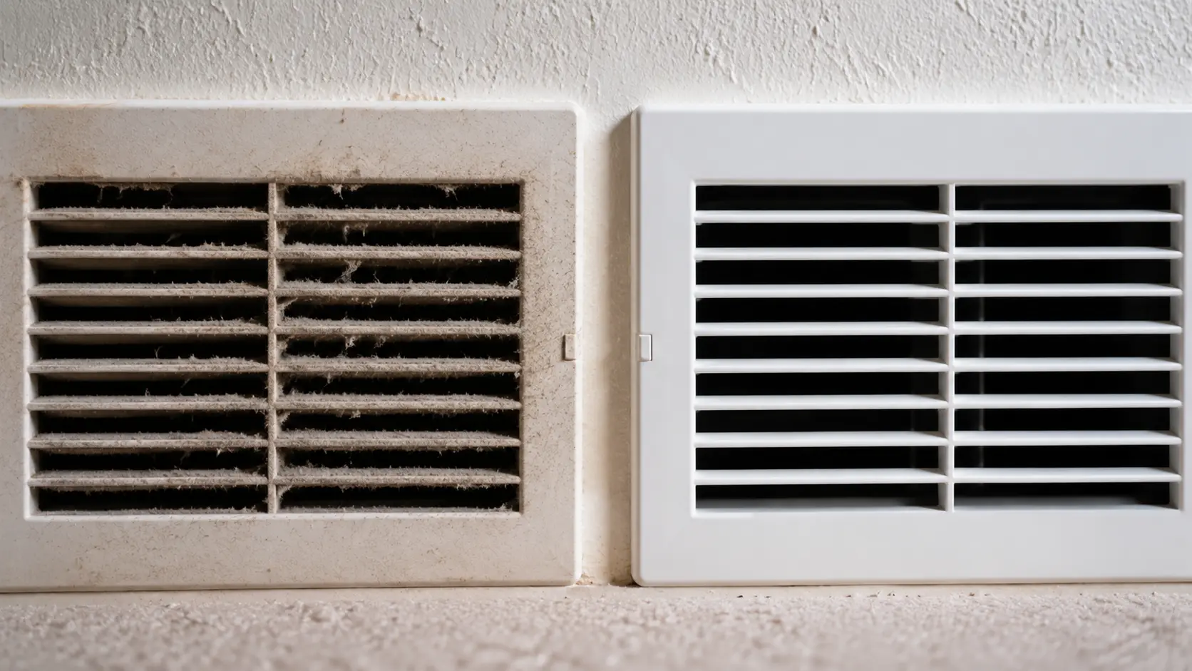 Side-by-side dusty and clean air vents highlighting warning signs of poor indoor air quality.