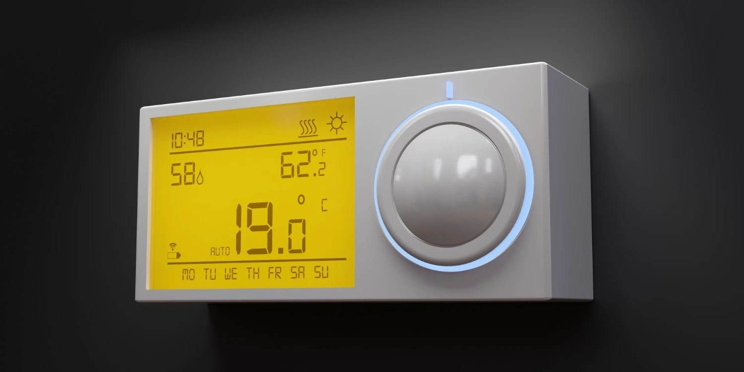 Modern digital home thermostat display illustrating what does aux mean on a thermostat during auxiliary heat activation.