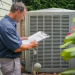 HVAC technician reviewing a checklist next to an outdoor air conditioning unit to explain what does SEER mean in HVAC efficiency.