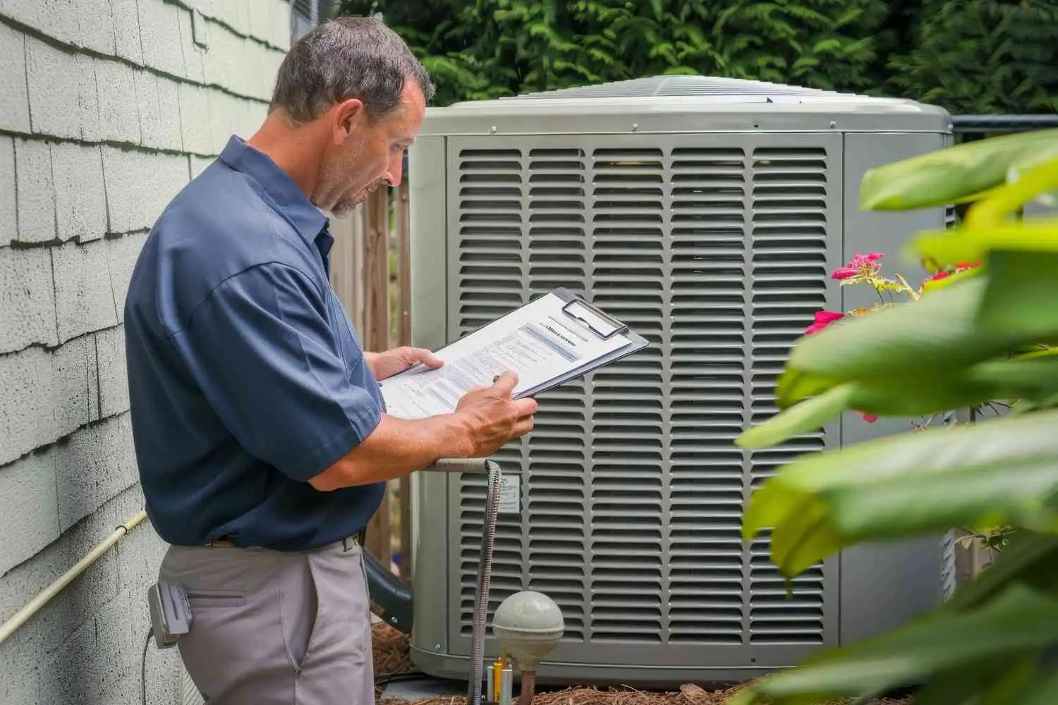 HVAC technician reviewing a checklist next to an outdoor air conditioning unit to explain what does SEER mean in HVAC efficiency.