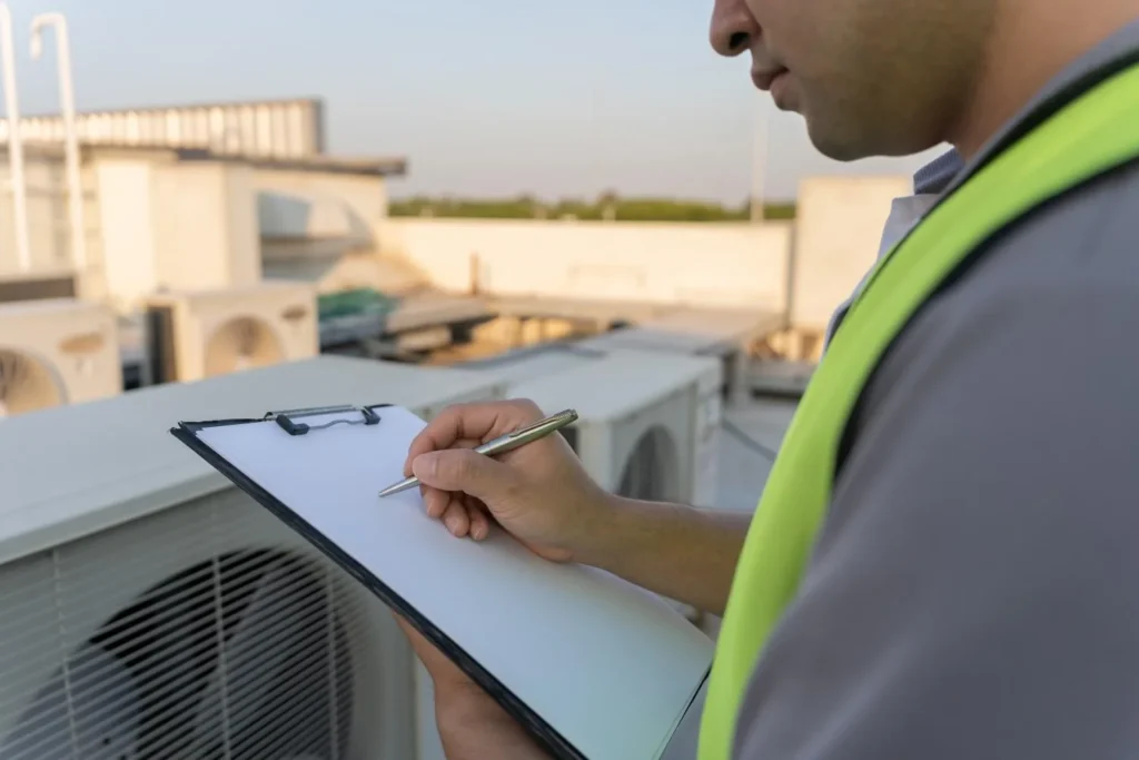 HVAC maintenance engineer writing on a checklist while inspecting outdoor compressor units to explain what is a SEER rating.