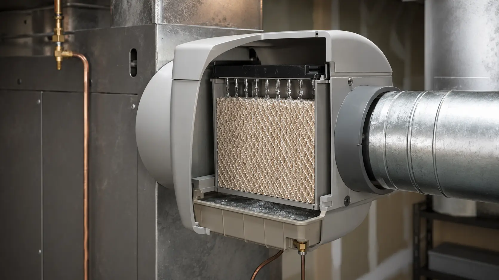 An HVAC technician adjusting a bypass unit to show what is a whole-house humidifier.