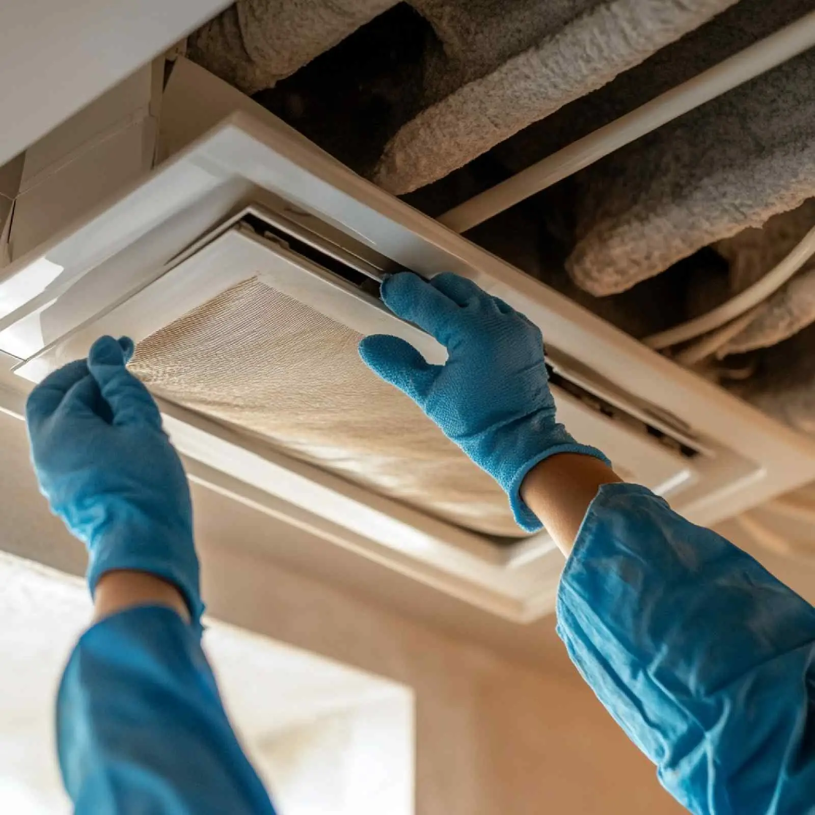 Gloved technician removing a ceiling vent filter frame to demonstrate what is air duct cleaning and routine system care.