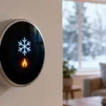 A modern smart thermostat mounted on a wall showing snowflake and flame icons to explain emergency heat on a thermostat during cold weather.