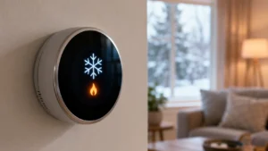 A modern smart thermostat mounted on a wall showing snowflake and flame icons to explain emergency heat on a thermostat during cold weather.