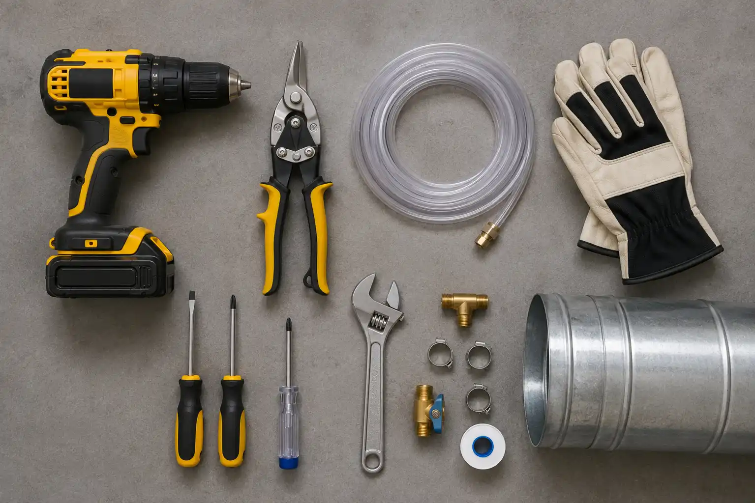 Tools and materials needed for a whole house humidifier installation guide, including a drill, snips, and tubing.