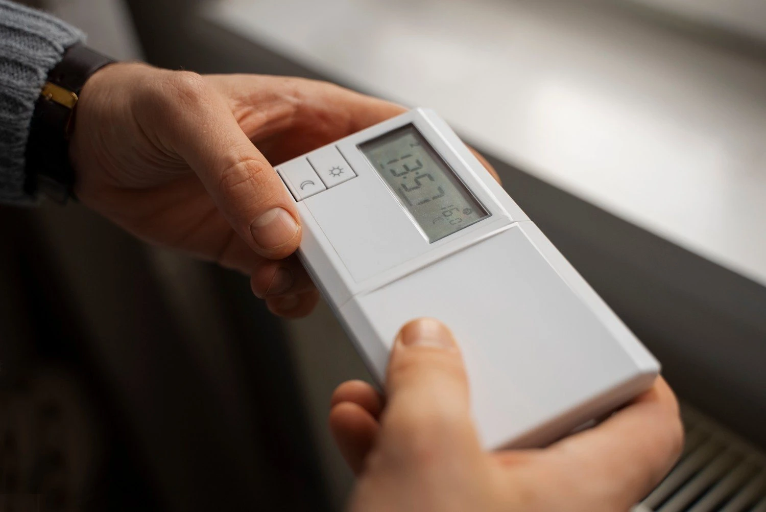 Close-up of a person holding a digital climate control monitor, illustrating Why Indoor Air Quality Testing Matters in Houston homes dealing with high humidity and pollen.