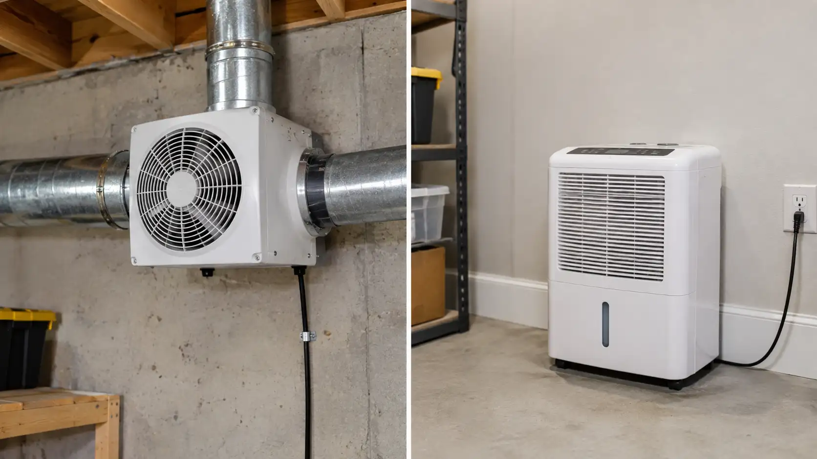 Side-by-side comparison of wall duct ventilation fan and portable unit for basement dehumidifier vs ventilation.