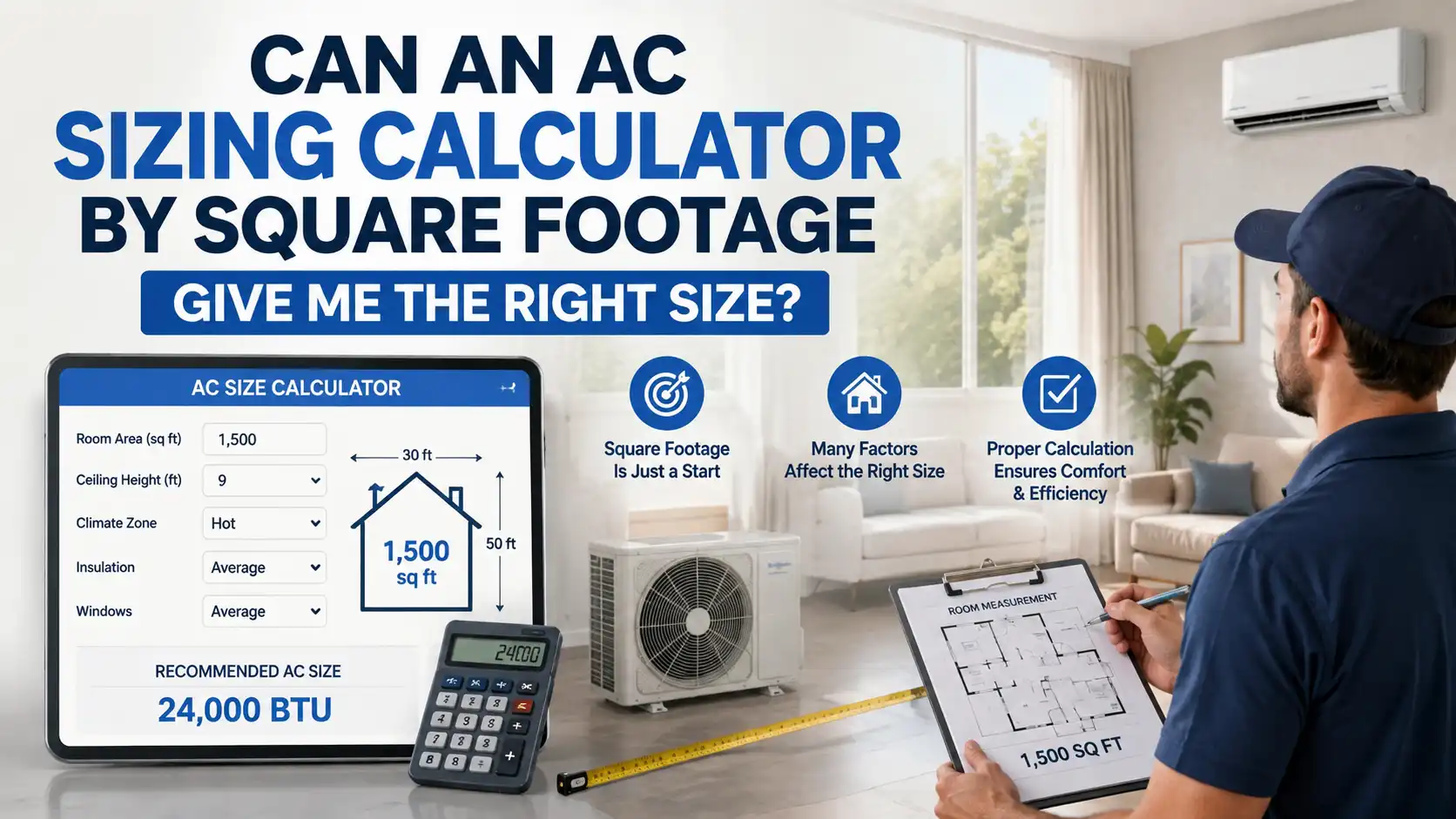 Graphic illustrating how an AC sizing calculator by square footage estimates cooling needs alongside professional room measurements.
