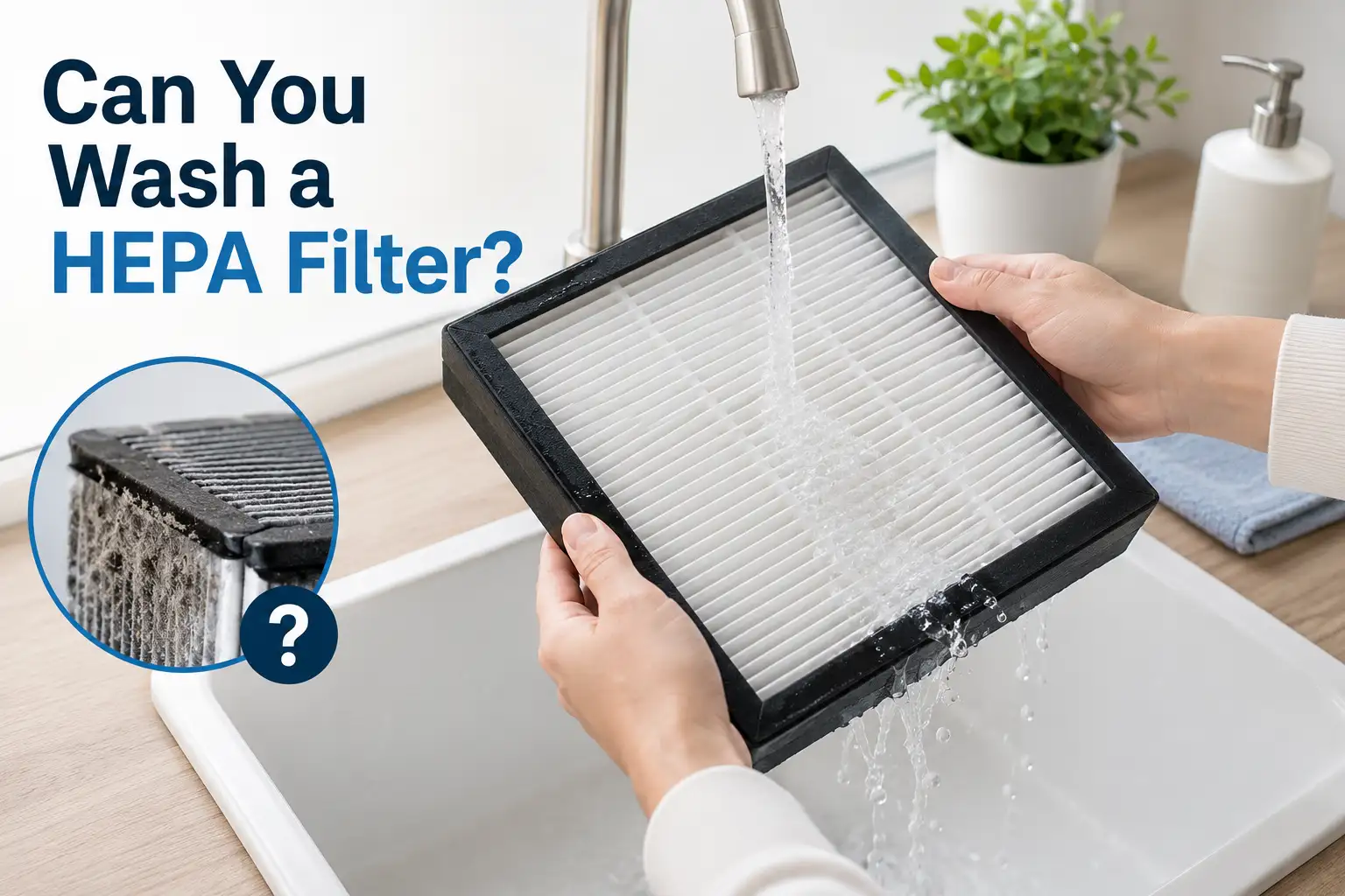 Hands washing a filter frame under running water in a sink asking can you wash a HEPA filter.