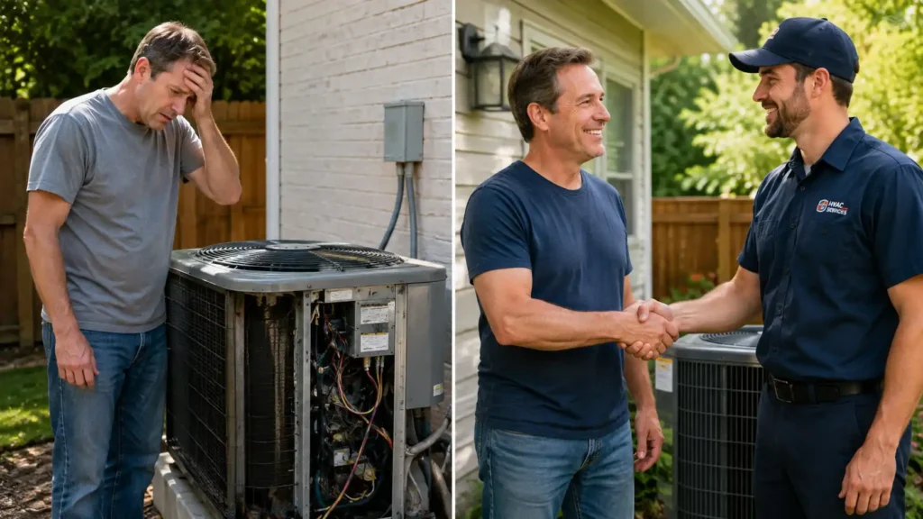 Stressed homeowner next to broken AC unit versus happy homeowner shaking hands with a professional HVAC technician.