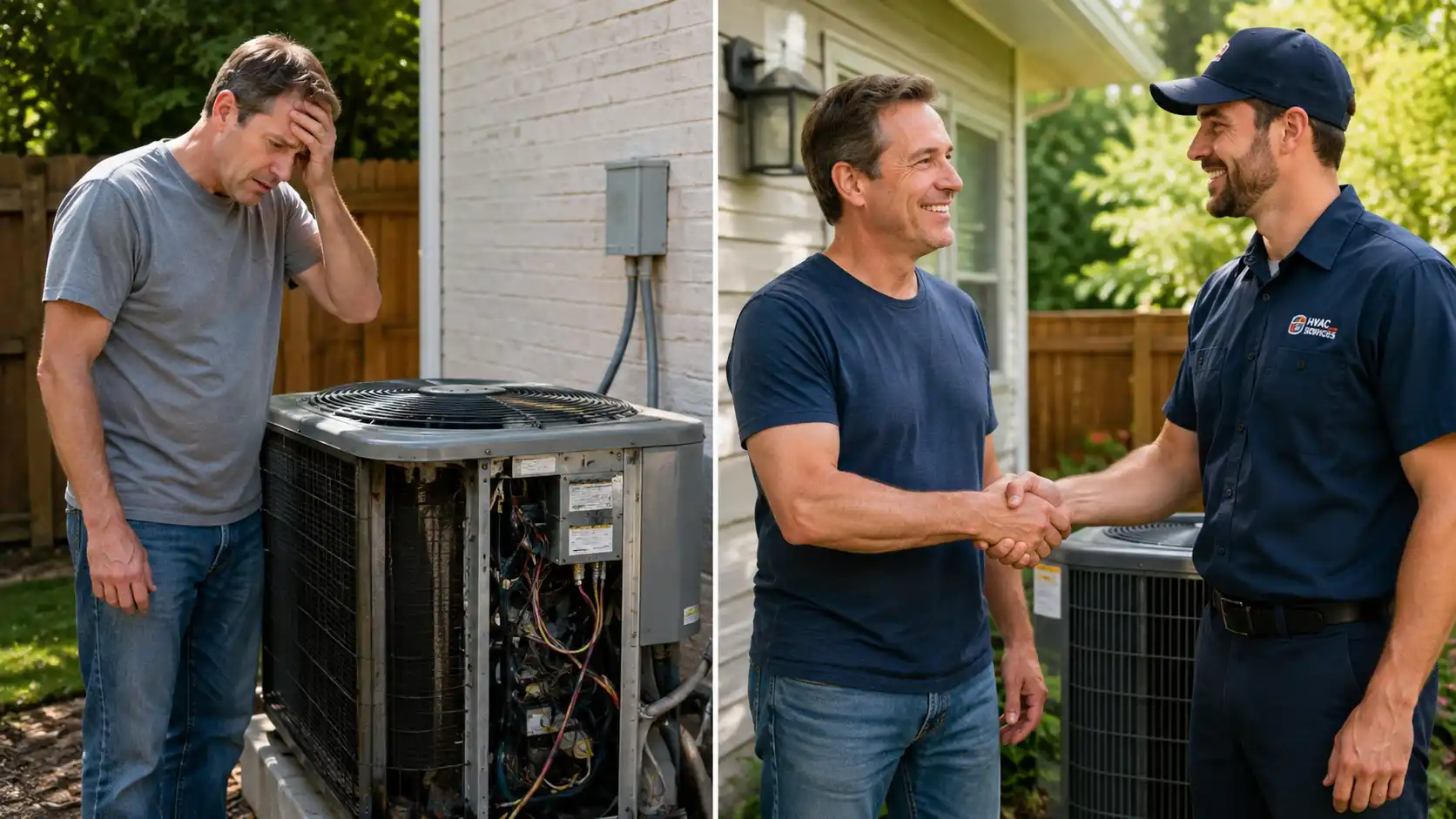 Stressed homeowner next to broken AC unit versus happy homeowner shaking hands with a professional HVAC technician.