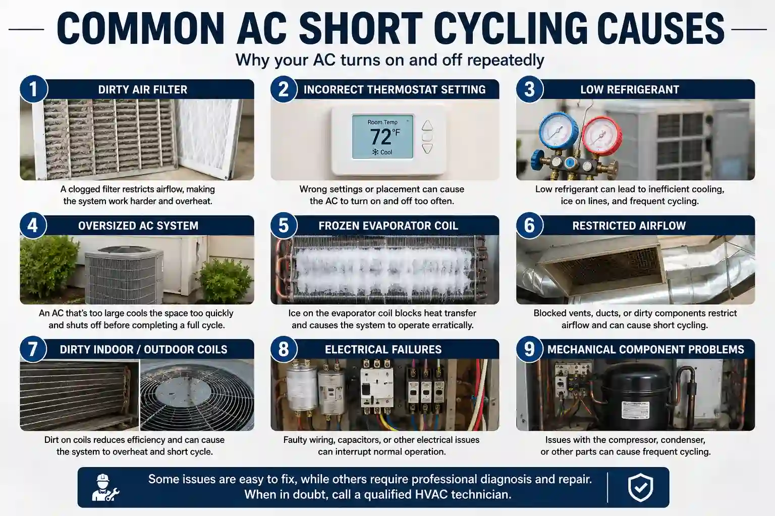 Infographic outlining 9 common AC short cycling causes, including dirty air filters, low refrigerant, frozen coils, and electrical failures.